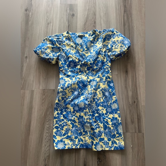 J. Crew 4 Blue Yellow Puff Sleeve Button Up Mini Dress - Picture 3 of 7